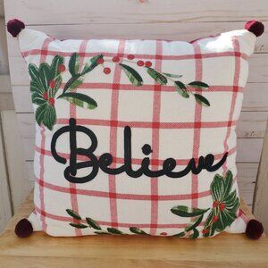 Christmas Holiday Throw Pillow Red Pom-Poms, Plaid Design Embroidered "Believe"